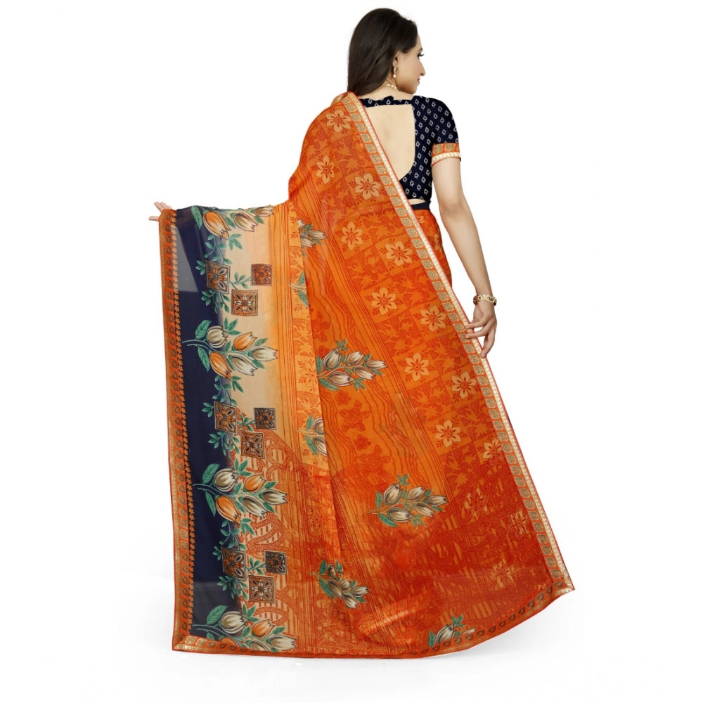 Women's Georgette Floral Print Saree With Unstitched Blouse 5.5Mtr (Blue-Orange)