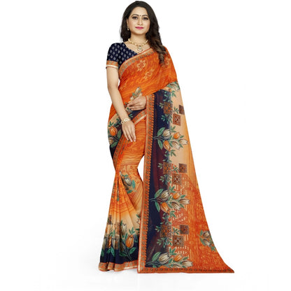 Women's Georgette Floral Print Saree With Unstitched Blouse 5.5Mtr (Blue-Orange)