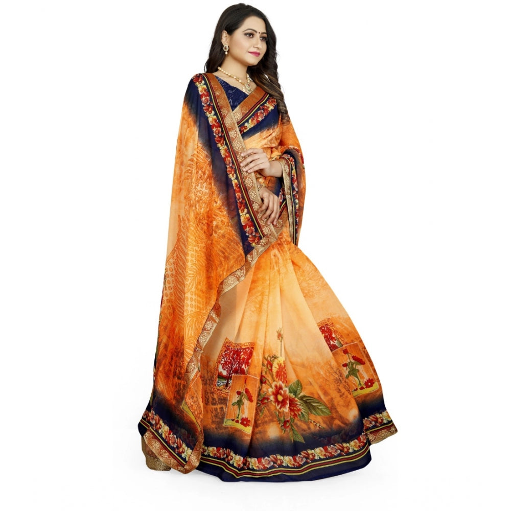 Women's Georgette Floral Print Saree With Unstitched Blouse 5.5Mtr (Blue-Orange)