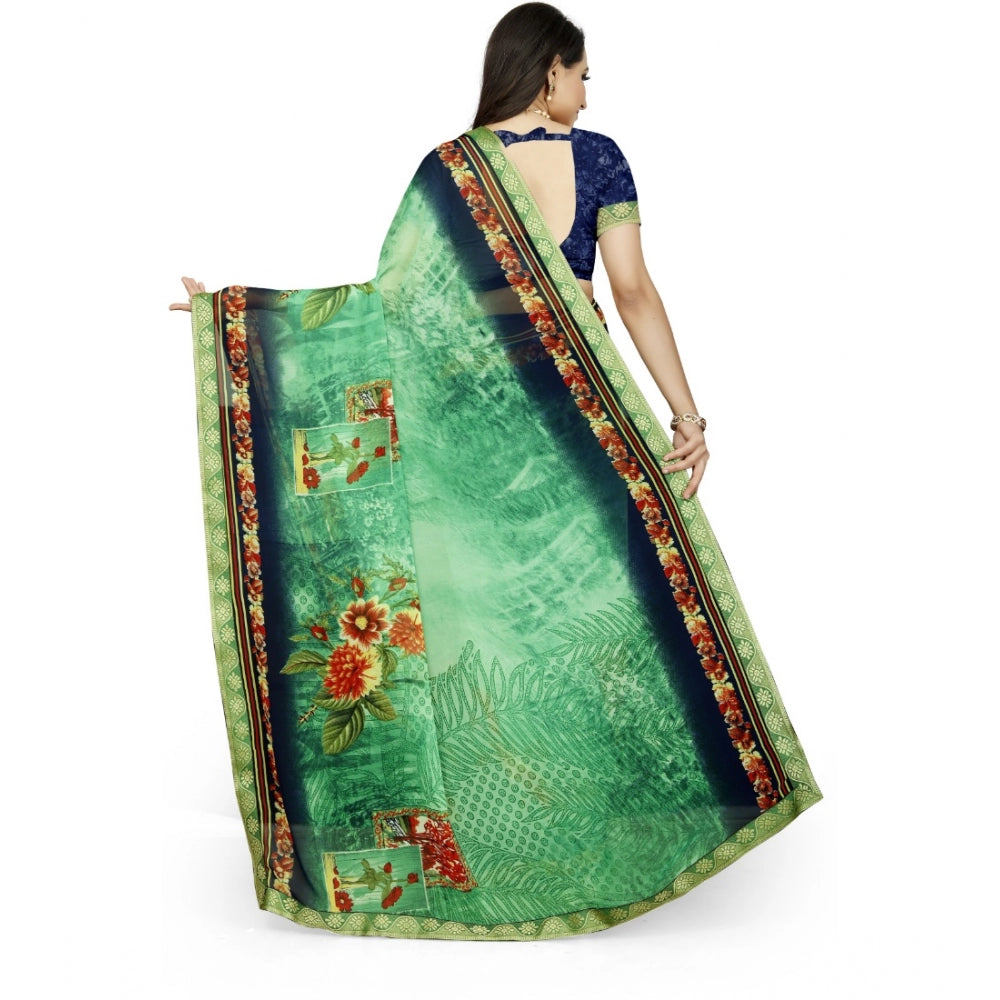 Women's Georgette Floral Print Saree With Unstitched Blouse 5.5Mtr (Green)