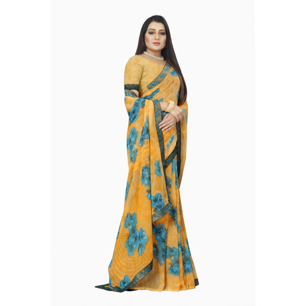 Women's Georgette Floral Print Saree With Unstitched Blouse 5.5Mtr (Blue-Orange)