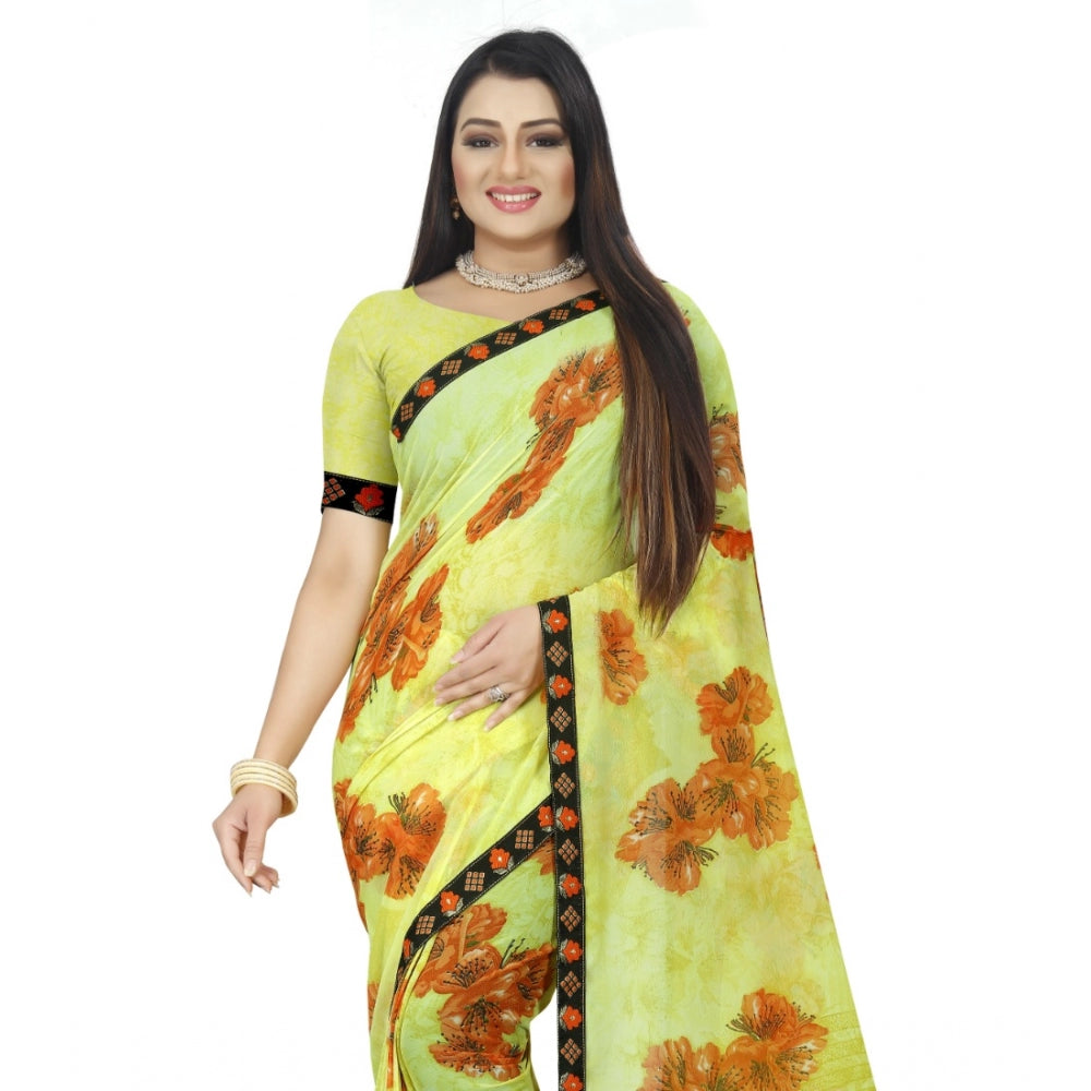 Women's Georgette Floral Print Saree With Unstitched Blouse 5.5Mtr (Brown-Mustard)