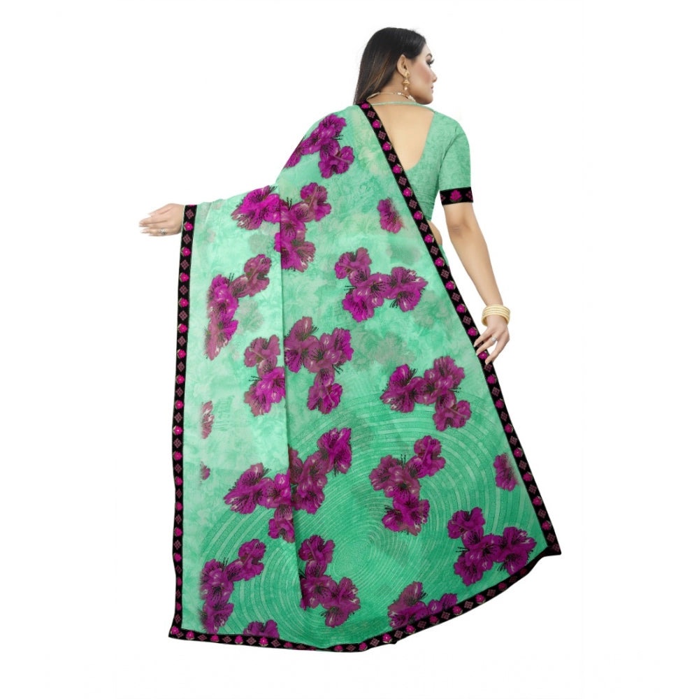 Women's Georgette Floral Print Saree With Unstitched Blouse 5.5Mtr (Green)