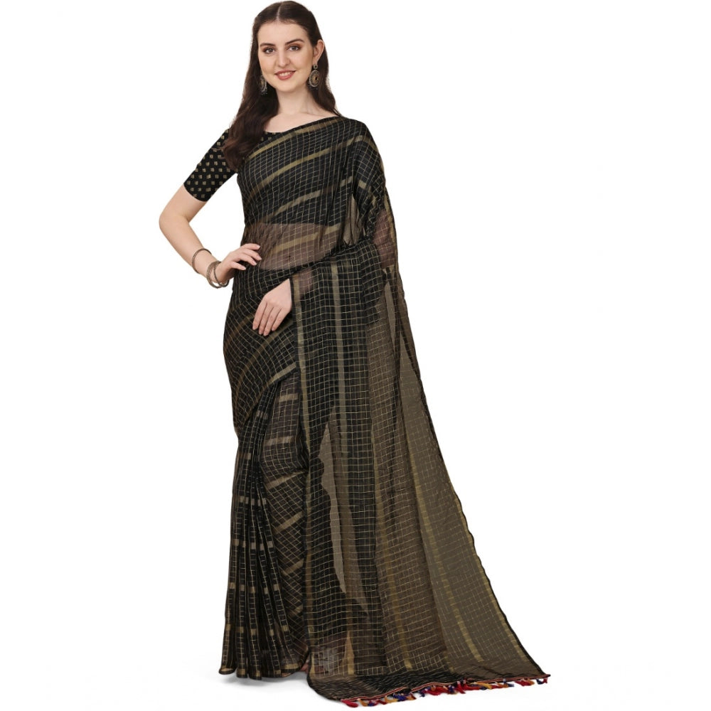 Generic Women's Silk Blend Checkered Saree With Unstitched Blouse 5.5Mtr (Black)