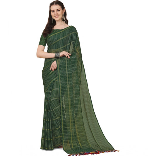 Women's Silk Blend Checkered Saree With Unstitched Blouse 5.5Mtr (Green)