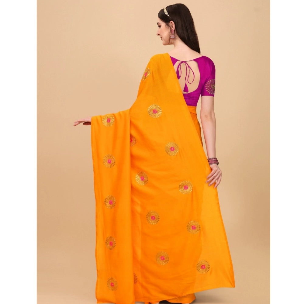 Generic Women's Silk Blend Embroidered Saree With Unstitched Blouse 5.5Mtr (Yellow)