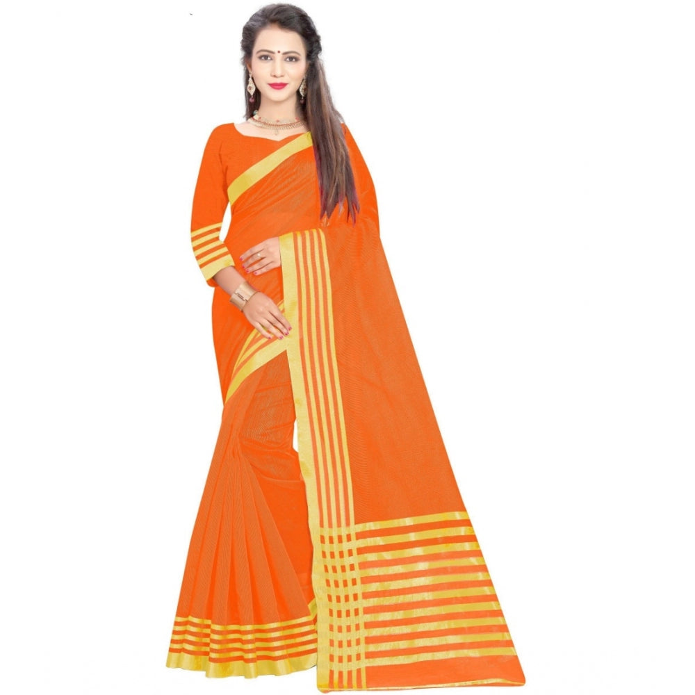 Women's Jacquard Striped Saree With Unstitched Blouse 5.5Mtr (Orange)