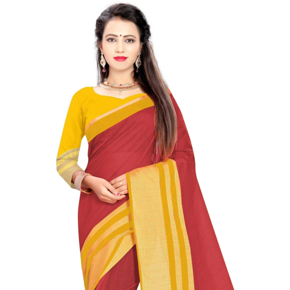 Women's Jacquard Striped Saree With Unstitched Blouse 5.5Mtr (Red)