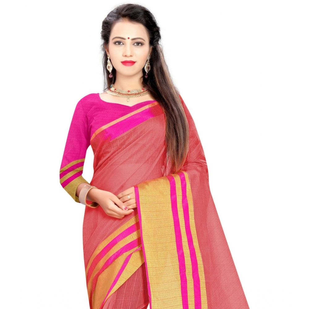 Women's Jacquard Striped Saree With Unstitched Blouse 5.5Mtr (Pink)