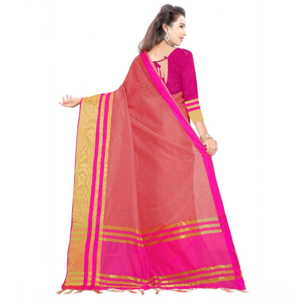 Women's Jacquard Striped Saree With Unstitched Blouse 5.5Mtr (Pink)