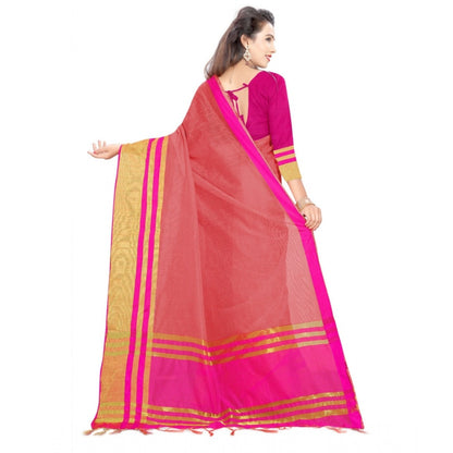 Women's Jacquard Striped Saree With Unstitched Blouse 5.5Mtr (Pink)