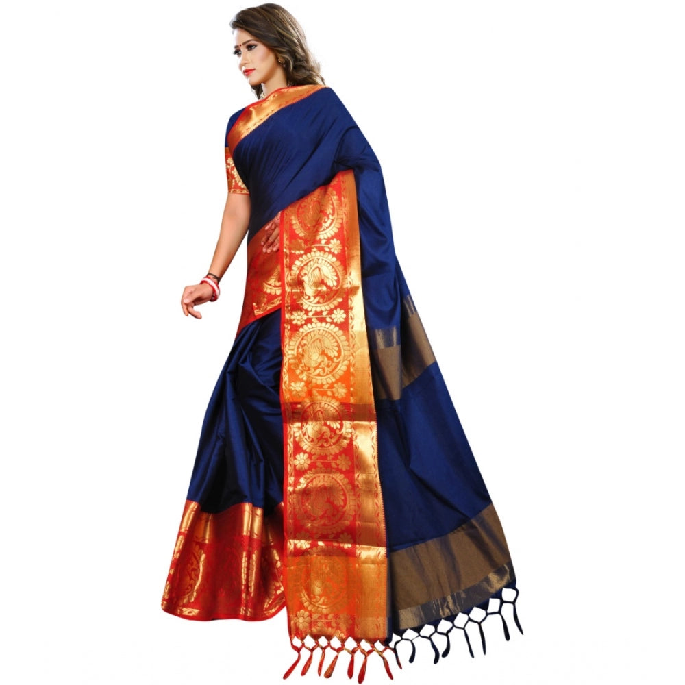 Women's Jacquard Woven Saree With Unstitched Blouse 5.5Mtr (Dark Blue)