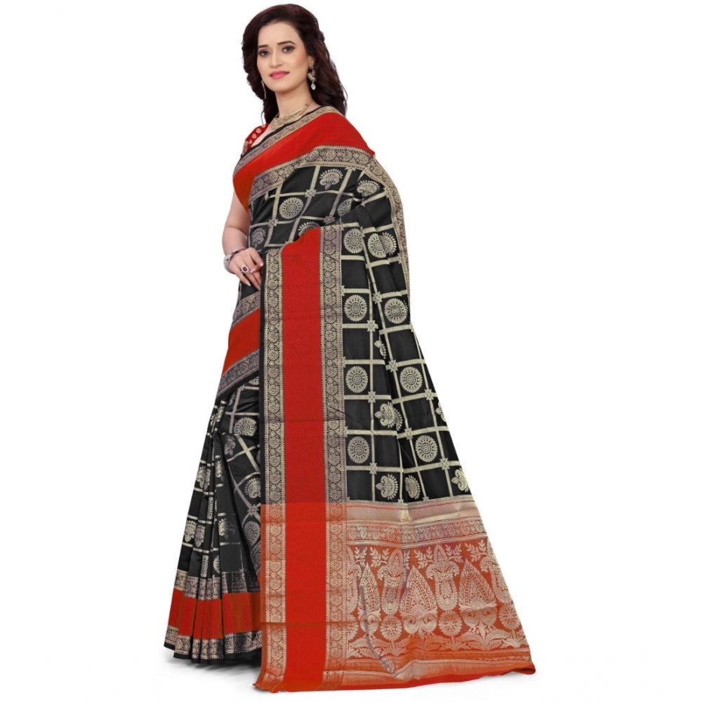 Women's Jacquard Woven Saree With Unstitched Blouse 5.5Mtr (Red-Black)