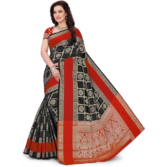 Women's Jacquard Woven Saree With Unstitched Blouse 5.5Mtr (Red-Black)