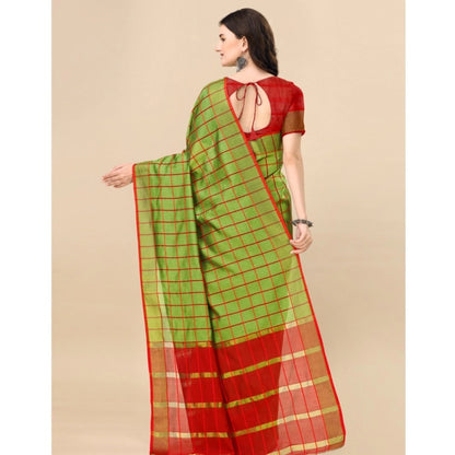 Women's Cotton Silk Checkered Saree With Unstitched Blouse 5.5Mtr (Green)