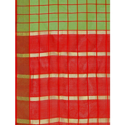 Women's Cotton Silk Checkered Saree With Unstitched Blouse 5.5Mtr (Green)