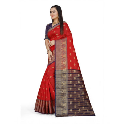 Women's Jacquard Woven Saree With Unstitched Blouse 5.5Mtr (Red)