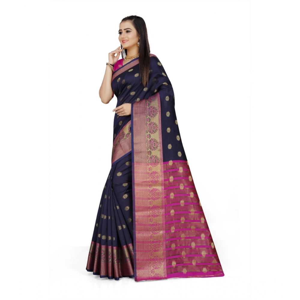 Women's Jacquard Woven Saree With Unstitched Blouse 5.5Mtr (Dark Blue)