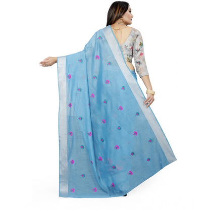 Women's Cotton Silk Embroidered Saree With Unstitched Blouse 5.5Mtr (Light Blue)