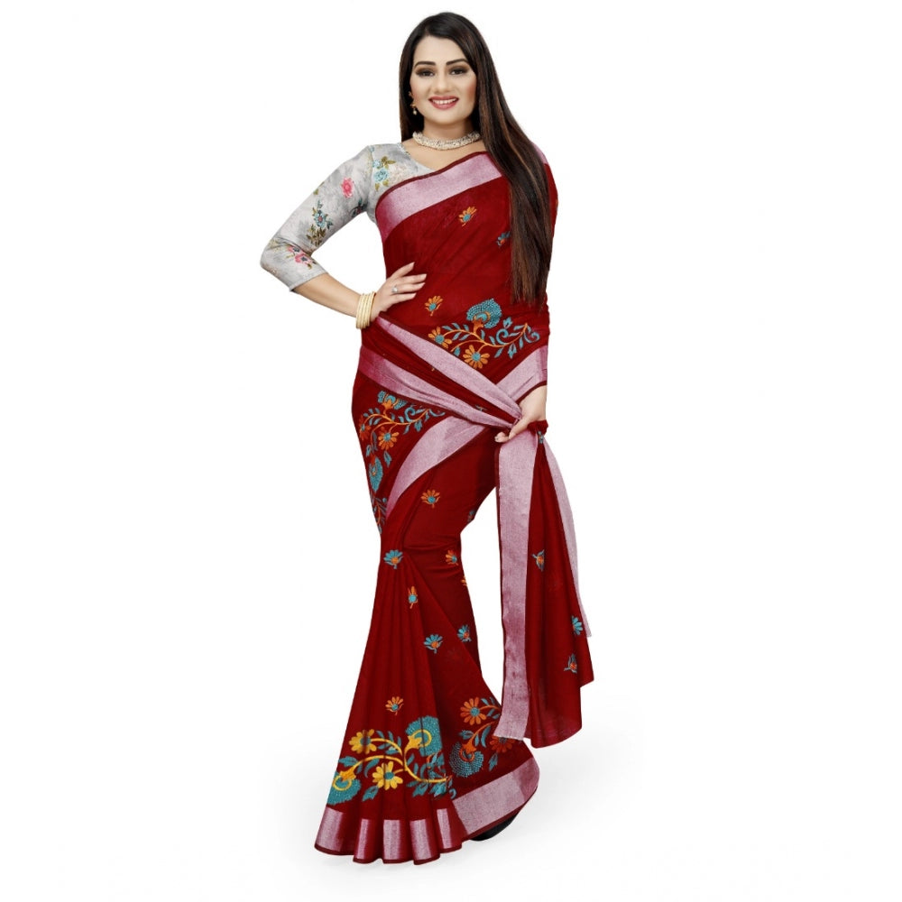 Women's Cotton Silk Embroidered Saree With Unstitched Blouse 5.5Mtr (Maroon)