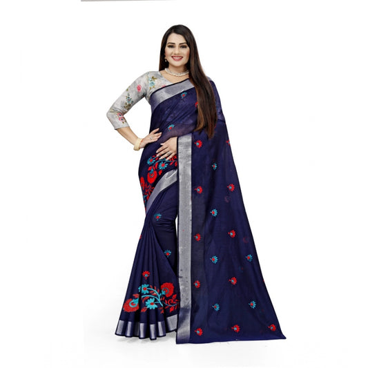 Women's Cotton Silk Embroidered Saree With Unstitched Blouse 5.5Mtr (Dark Blue)