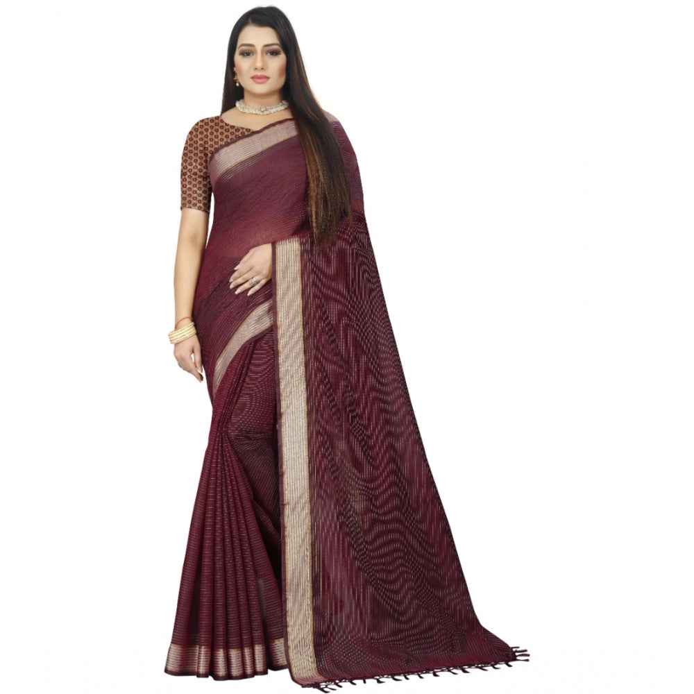 Women's Cotton Blend Solid/Plain Saree With Unstitched Blouse 5.5Mtr (Brown)