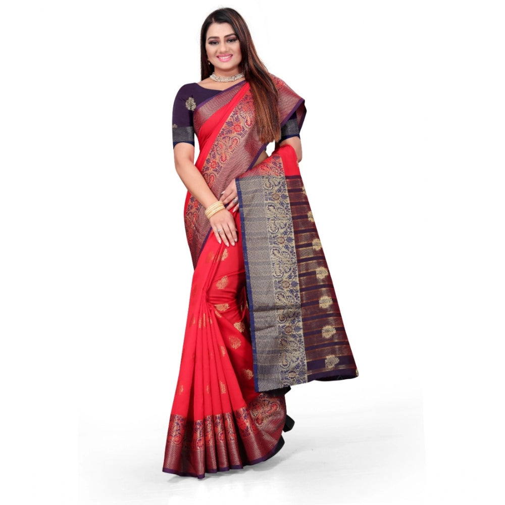 Women's Silk Blend Woven Saree With Unstitched Blouse 5.5Mtr (Red)