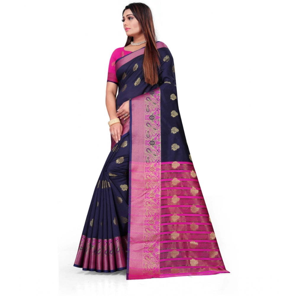 Women's Silk Blend Woven Saree With Unstitched Blouse 5.5Mtr (Dark Blue)