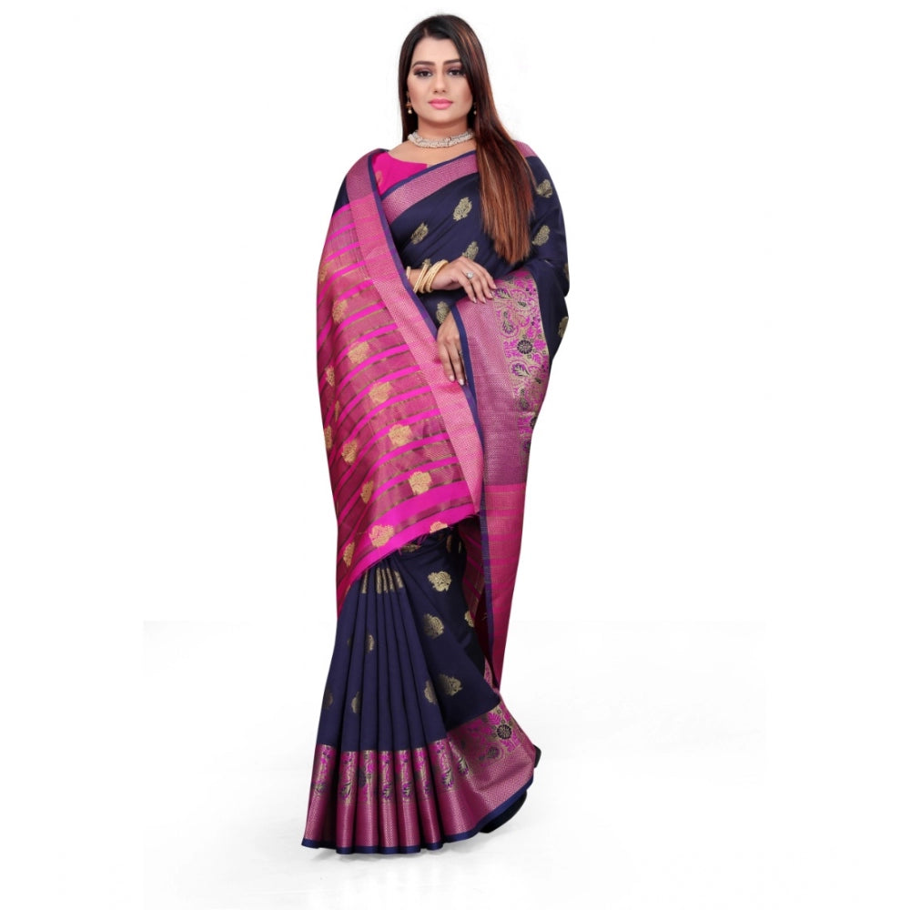 Women's Silk Blend Woven Saree With Unstitched Blouse 5.5Mtr (Dark Blue)