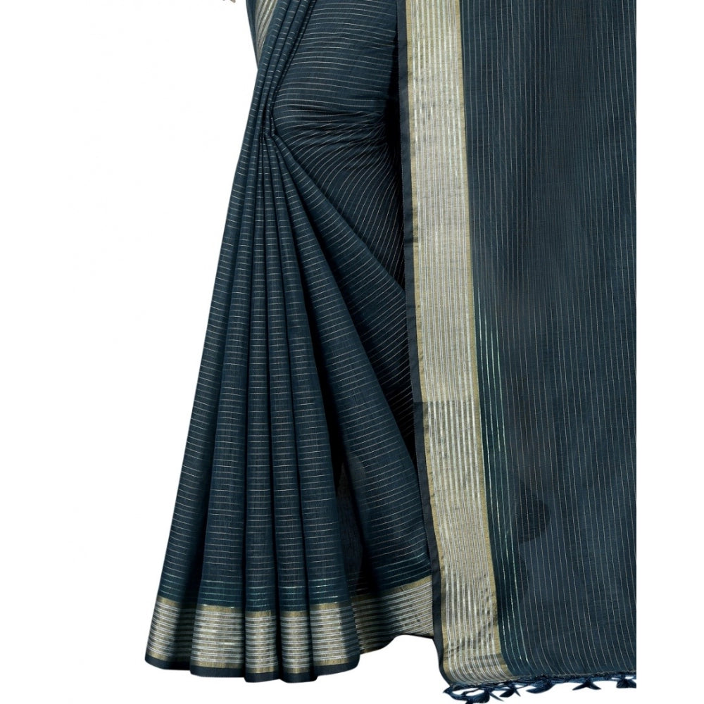 Women's Cotton Blend Solid/Plain Saree With Unstitched Blouse 5.5Mtr (Dark Green)