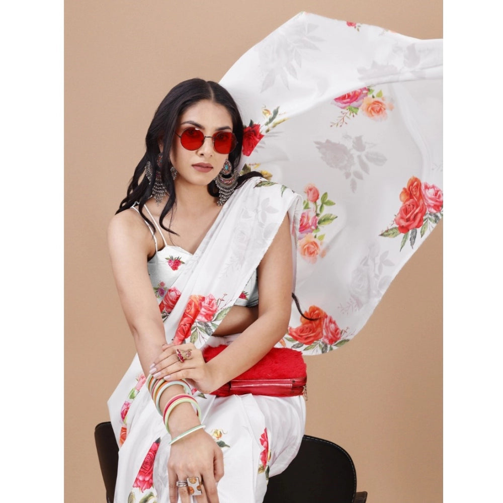 Women's Crepe Digital Print Saree With Unstitched Blouse 5.5Mtr (Cream)