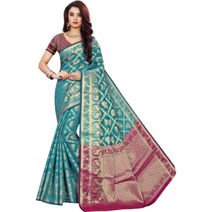 Women's Jacquard Woven Saree With Unstitched Blouse 5.5Mtr (Light Blue)