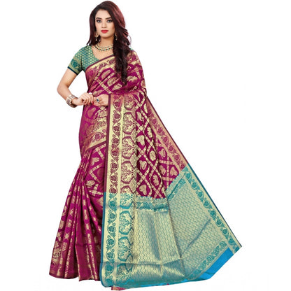 Women's Jacquard Woven Saree With Unstitched Blouse 5.5Mtr (Magenta)