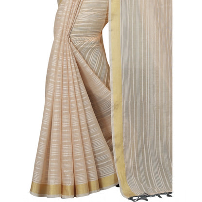 Women's Cotton Blend Solid/Plain Saree With Unstitched Blouse 5.5Mtr (Beige)