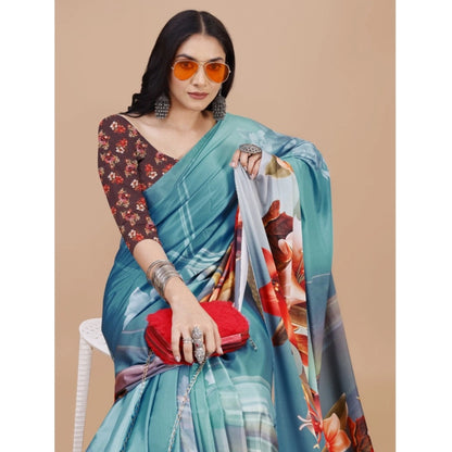 Women's Crepe Digital Print Saree With Unstitched Blouse 5.5Mtr (Blue)