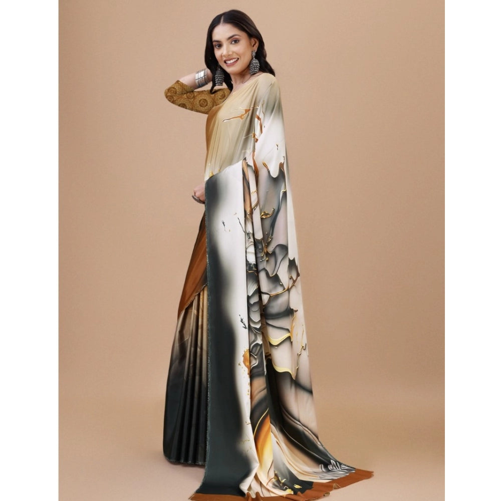 Women's Crepe Digital Print Saree With Unstitched Blouse 5.5Mtr (Brown)