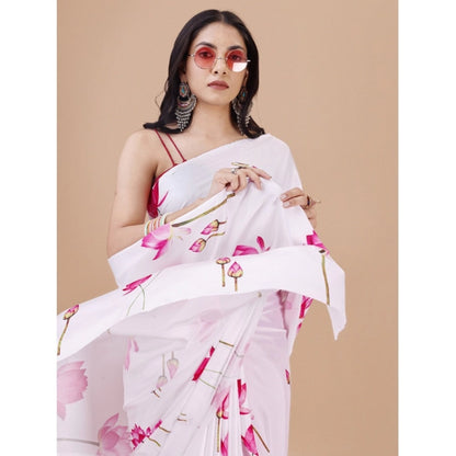 Women's Crepe Digital Print Saree With Unstitched Blouse 5.5Mtr (White)