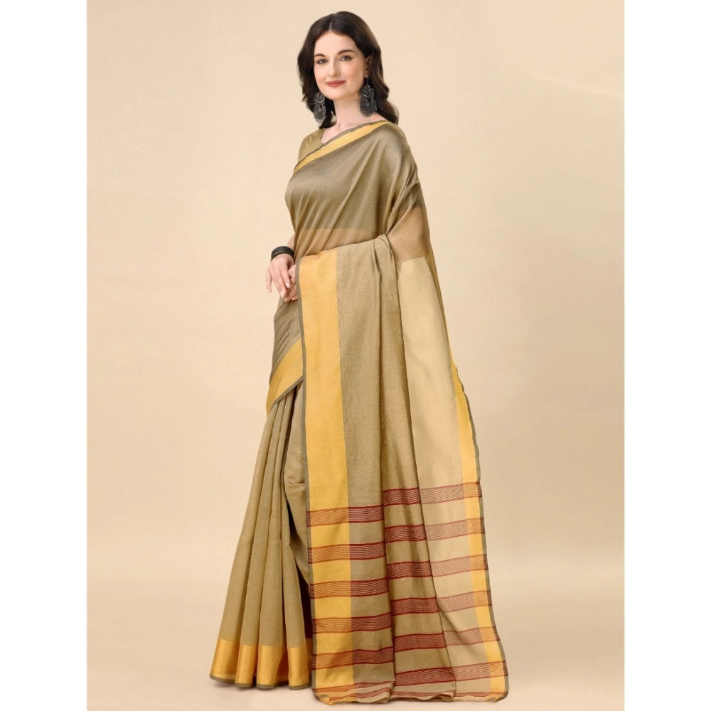 Women's Cotton Silk Striped Saree With Unstitched Blouse 5.5Mtr (Cream)