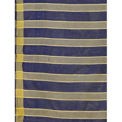 Women's Cotton Silk Striped Saree With Unstitched Blouse 5.5Mtr (Dark Blue)