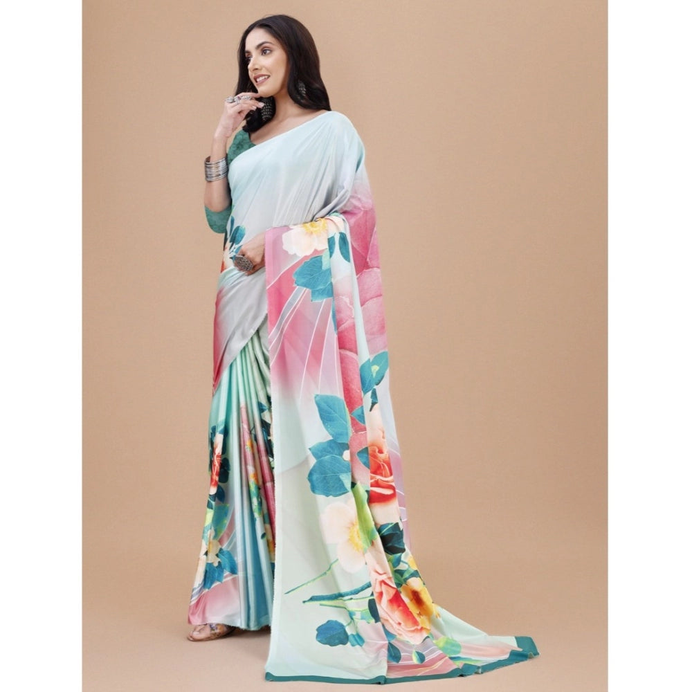 Women's Crepe Digital Print Saree With Unstitched Blouse 5.5Mtr (Light Blue)