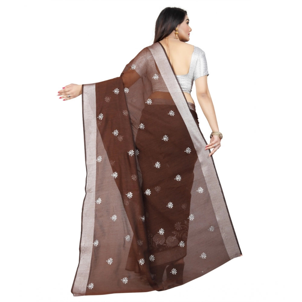 Women's Cotton Silk Embroidered Saree With Unstitched Blouse 5.5Mtr (Brown)