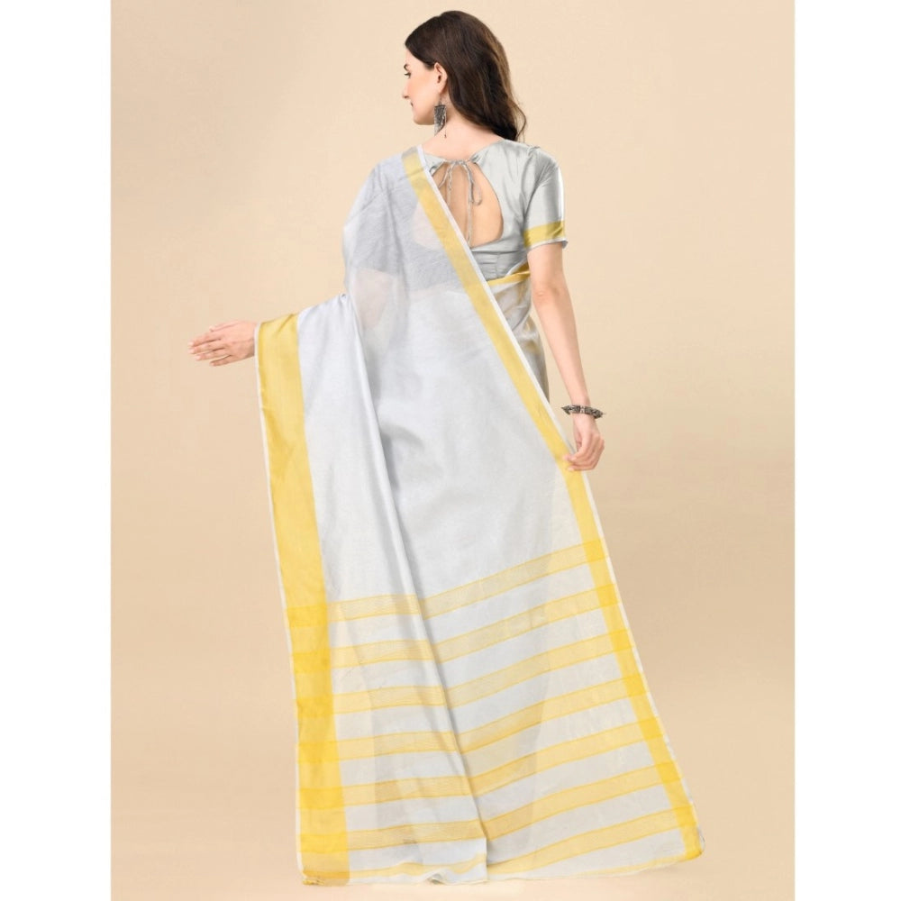 Women's Cotton Silk Striped Saree With Unstitched Blouse 5.5Mtr (Silver)