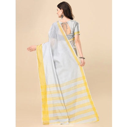 Women's Cotton Silk Striped Saree With Unstitched Blouse 5.5Mtr (Silver)