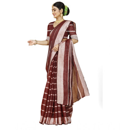 Women's Cotton Silk Striped Saree With Unstitched Blouse 5.5Mtr (Red)