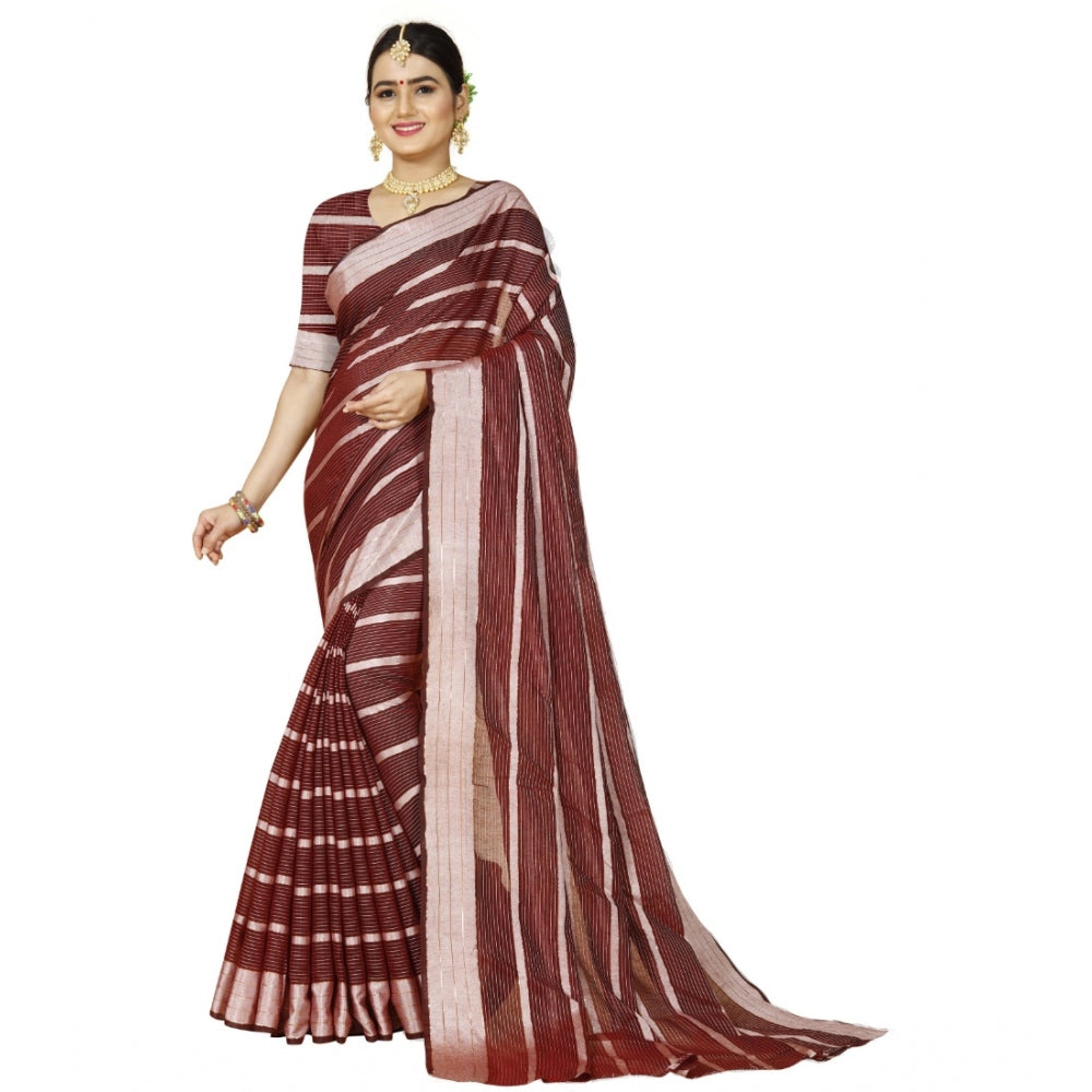 Women's Cotton Silk Striped Saree With Unstitched Blouse 5.5Mtr (Red)