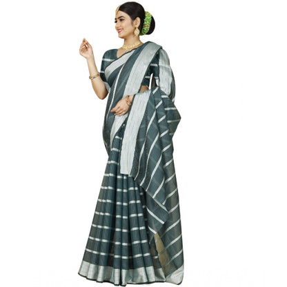 Women's Cotton Silk Striped Saree With Unstitched Blouse 5.5Mtr (Dark Green)