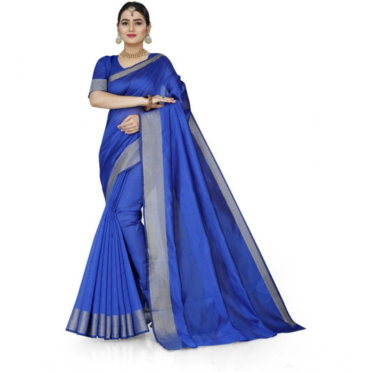 Women's Cotton Silk Self Design Saree With Unstitched Blouse 5.5Mtr (Blue)