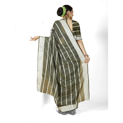 Women's Cotton Silk Striped Saree With Unstitched Blouse 5.5Mtr (Green)