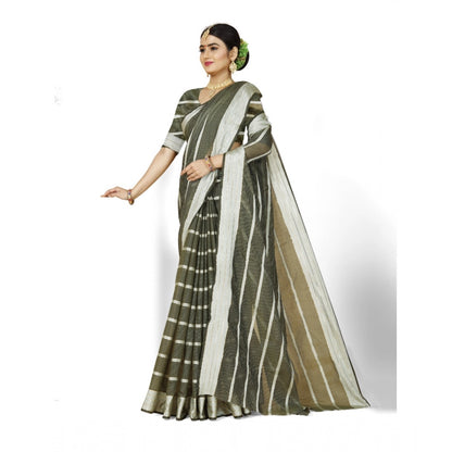 Women's Cotton Silk Striped Saree With Unstitched Blouse 5.5Mtr (Green)