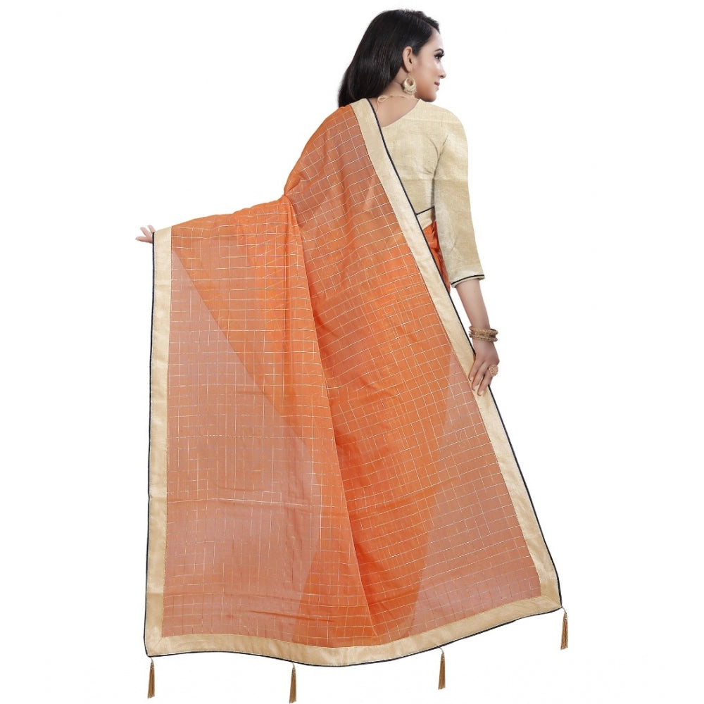 Women's Cotton Silk Checkered Saree With Unstitched Blouse 5.5Mtr (Orange)